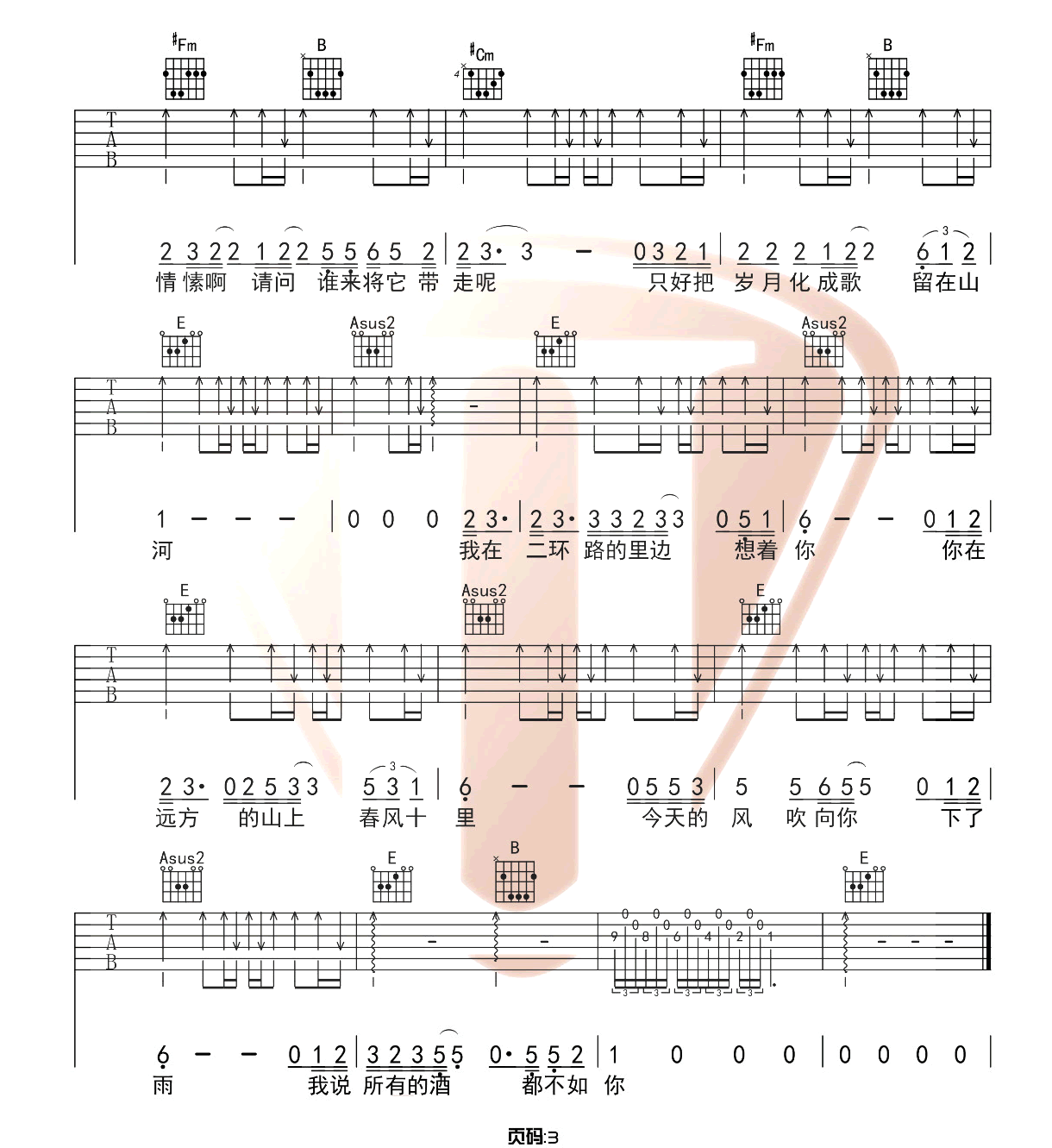 春风十里吉他谱3-鹿先森乐队-E调指法