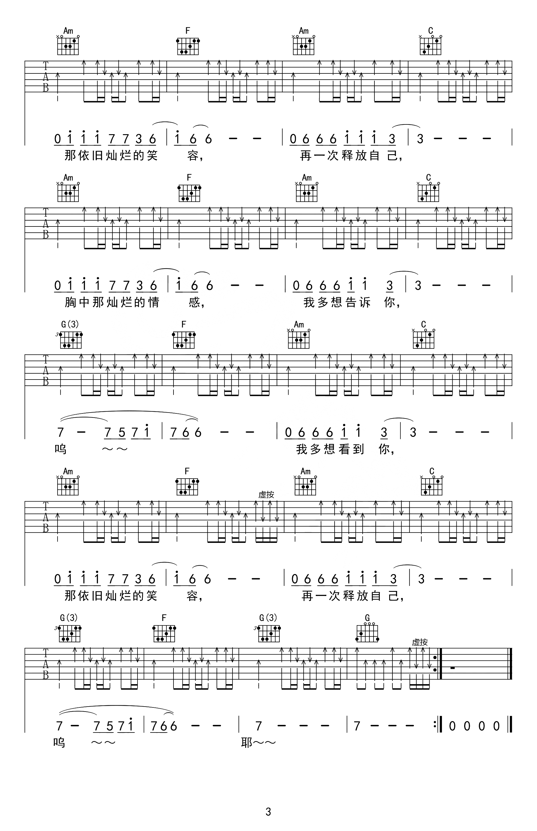 完美生活吉他谱3-许巍-C调指法