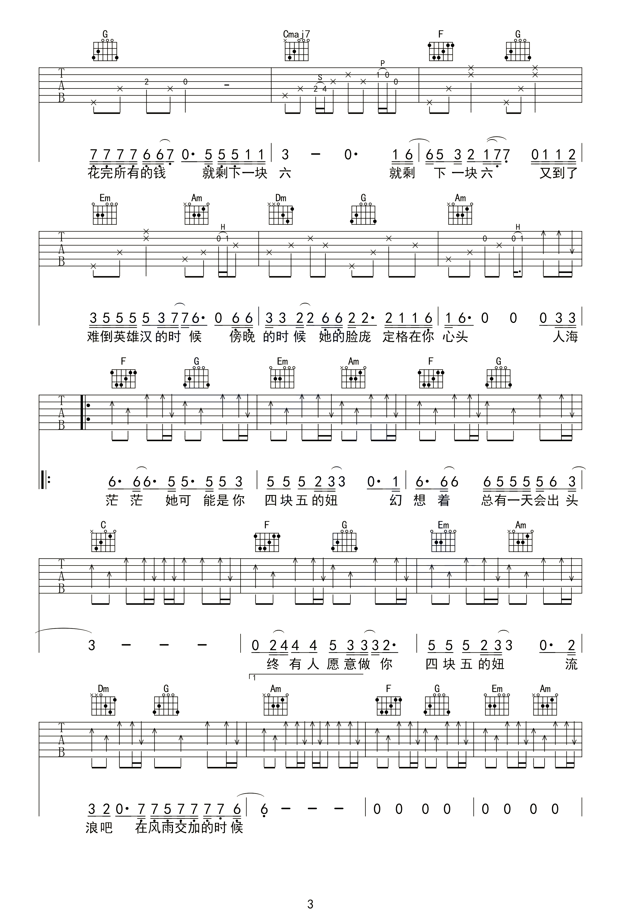 四块五吉他谱3-隔壁老樊-C调指法