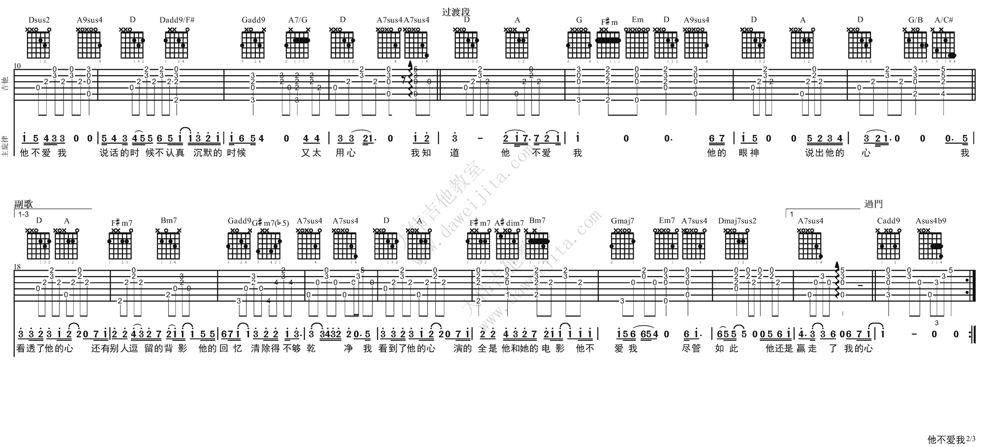 他不爱我吉他谱2-莫文蔚-D调指法