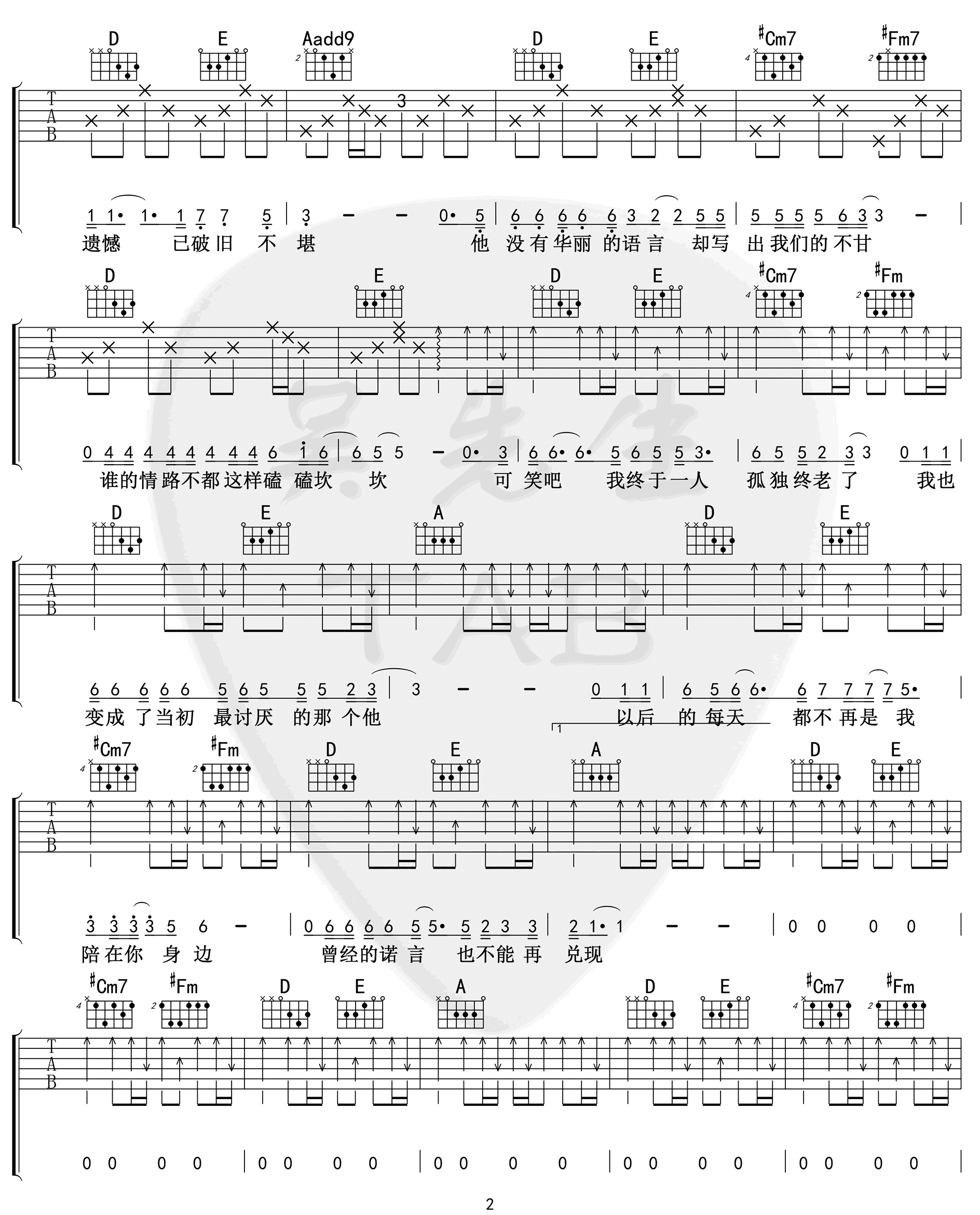 遗憾吉他谱2-王佳杨-A调指法