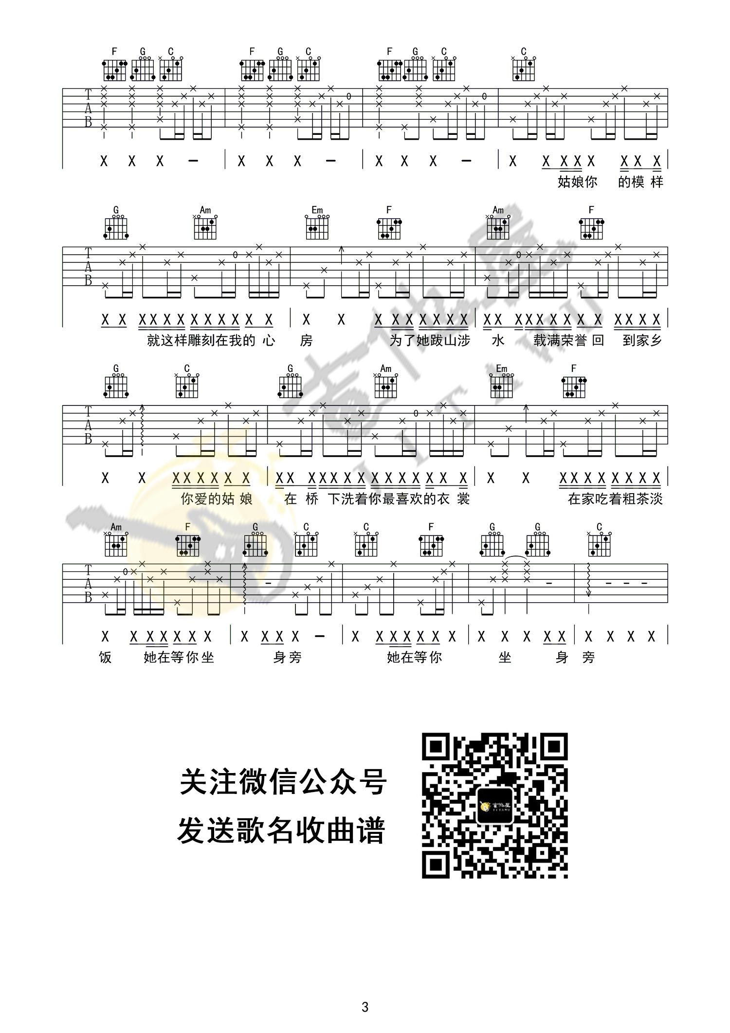 你的姑娘吉他谱3-隔壁老樊-C调指法