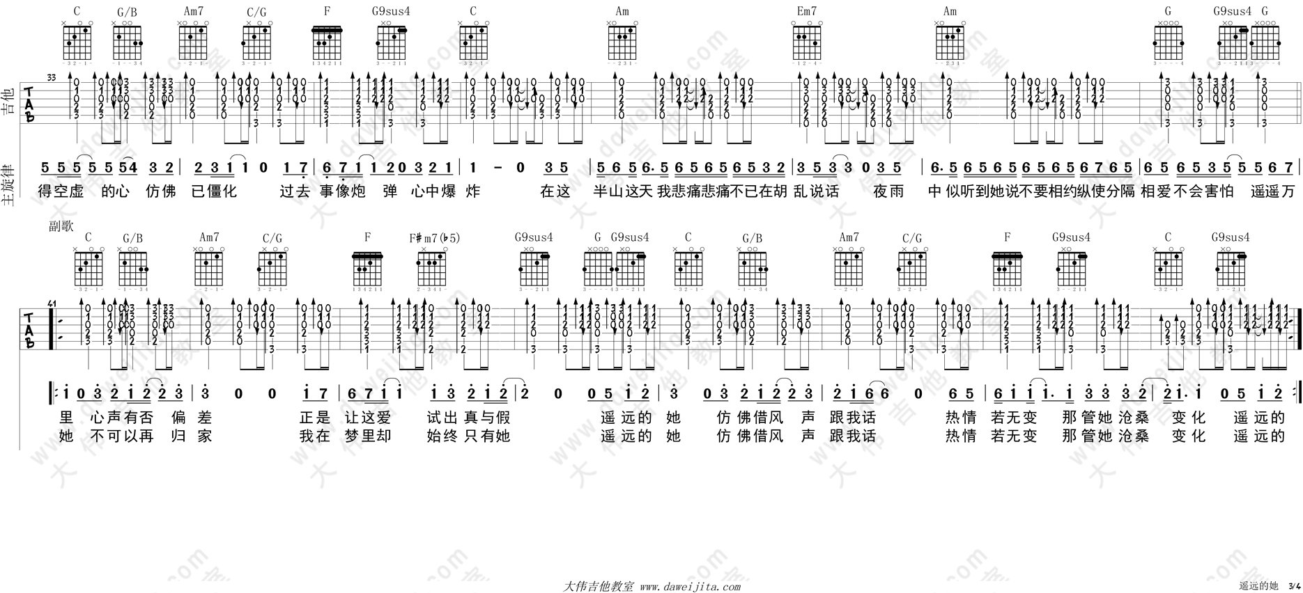 遥远的她吉他谱3-陈奕迅-C调指法