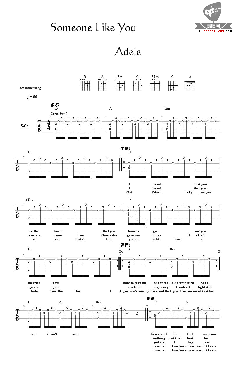 Someone-Like-You吉他谱1-阿黛尔-D调指法