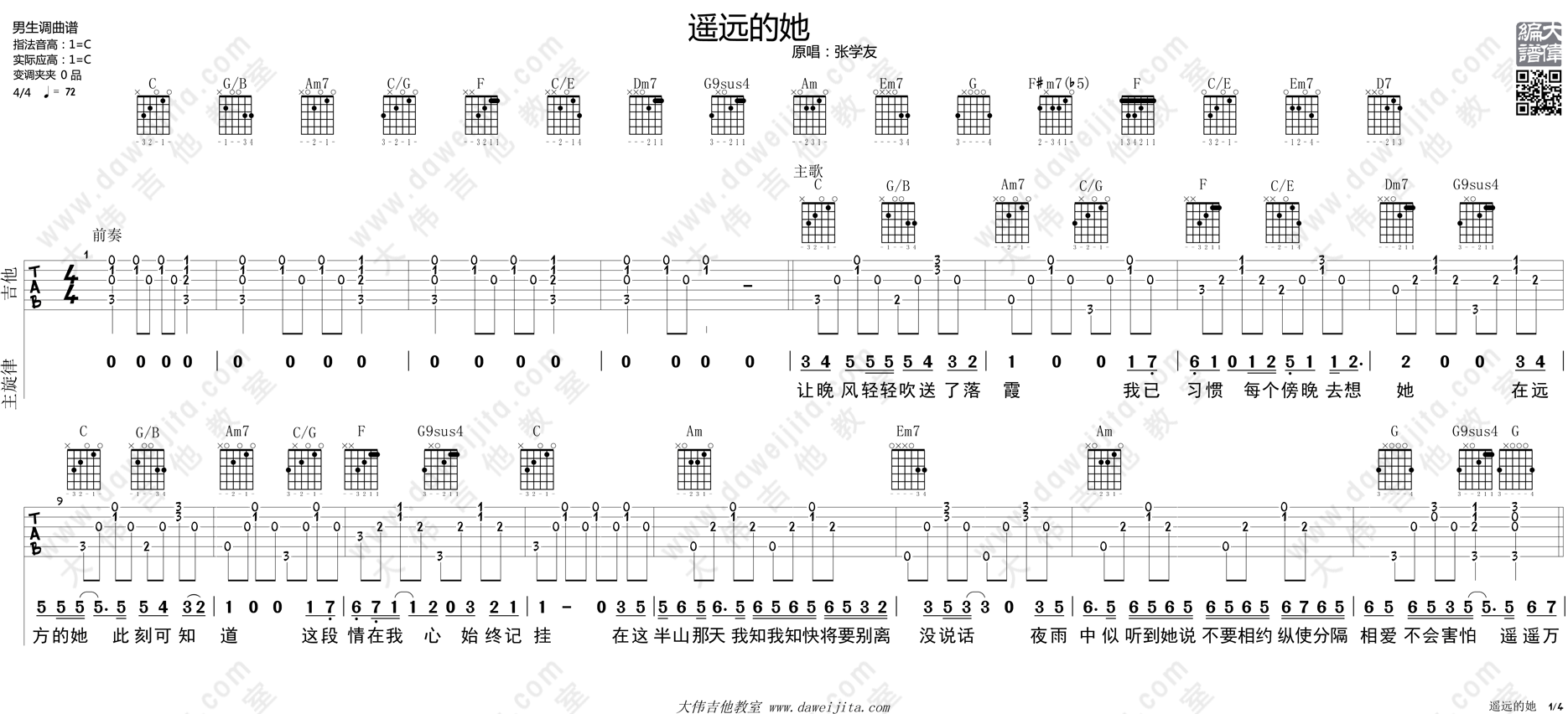 遥远的她吉他谱1-陈奕迅-C调指法