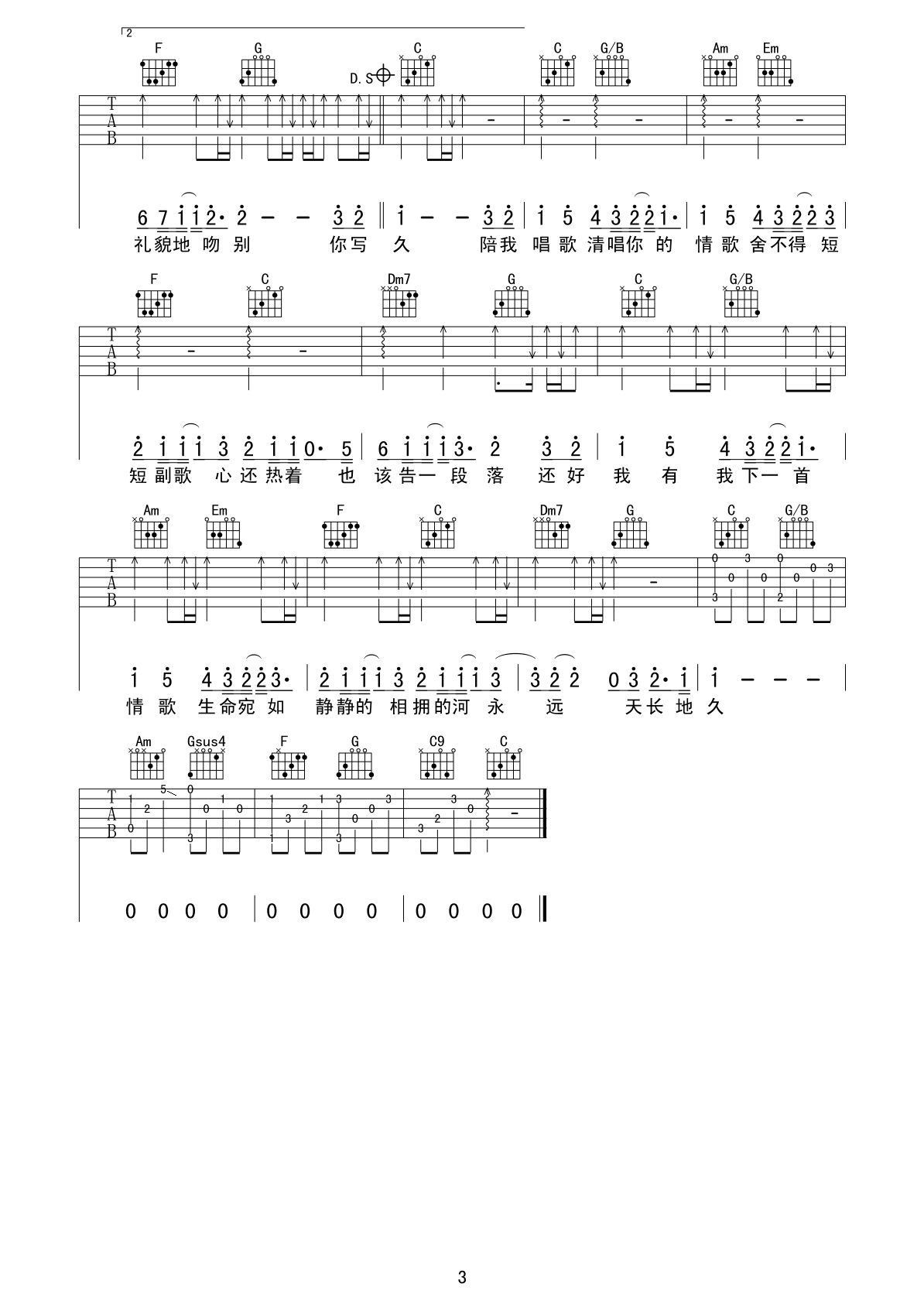 情歌吉他谱3-梁静茹-C调指法