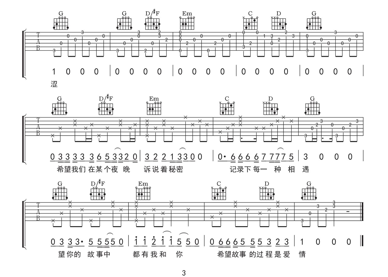 凌晨三点吉他谱3-HHW-G调指法