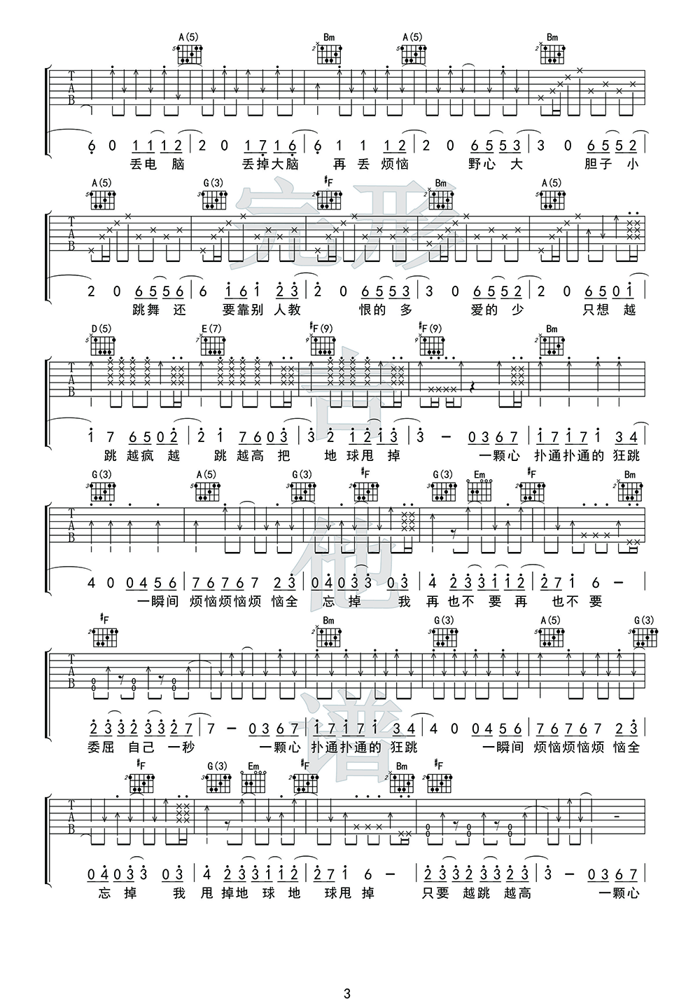 离开地球表面吉他谱3-五月天-D调指法