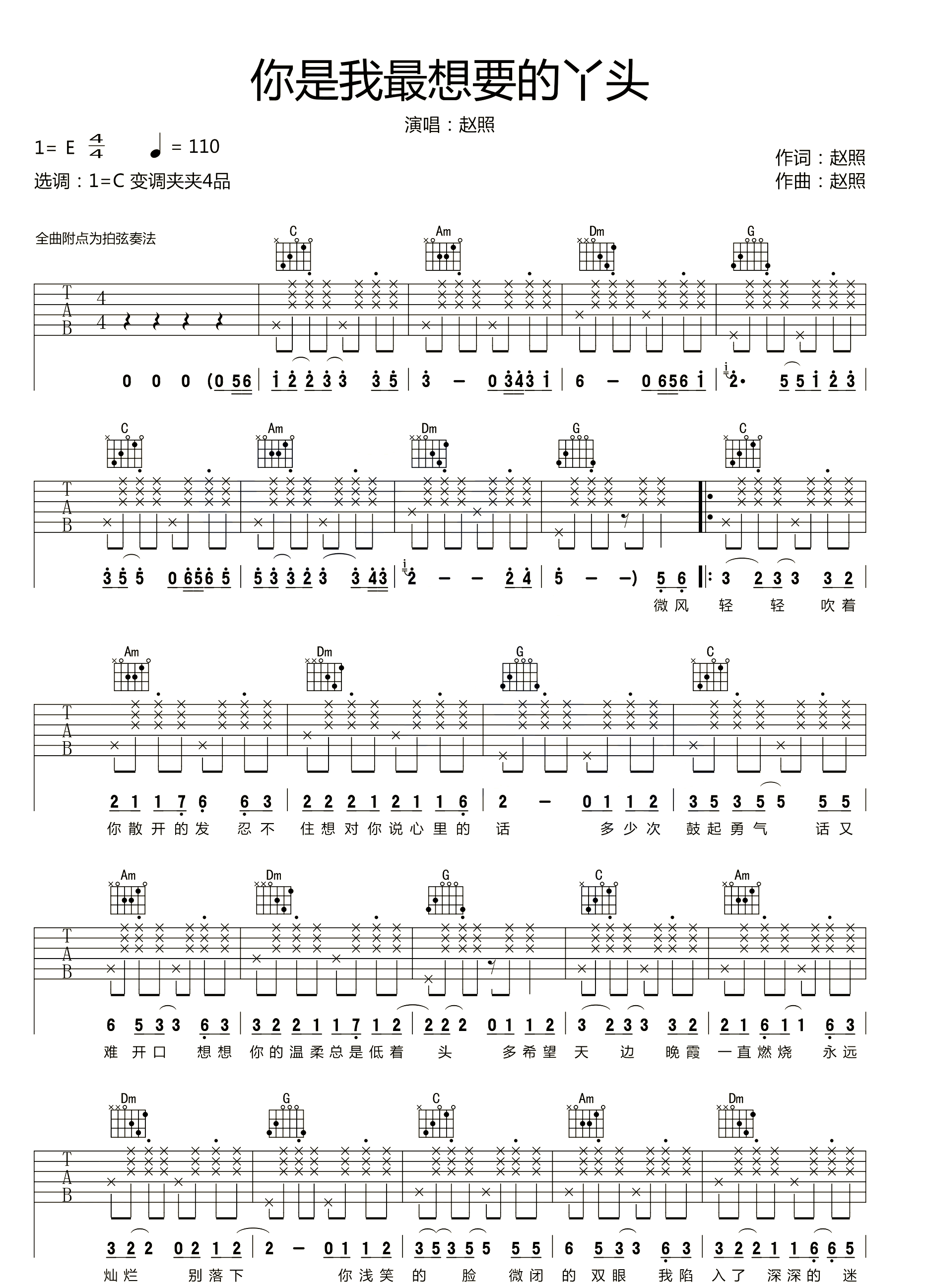 你就是我最想要的丫头吉他谱1-赵照-C调指法