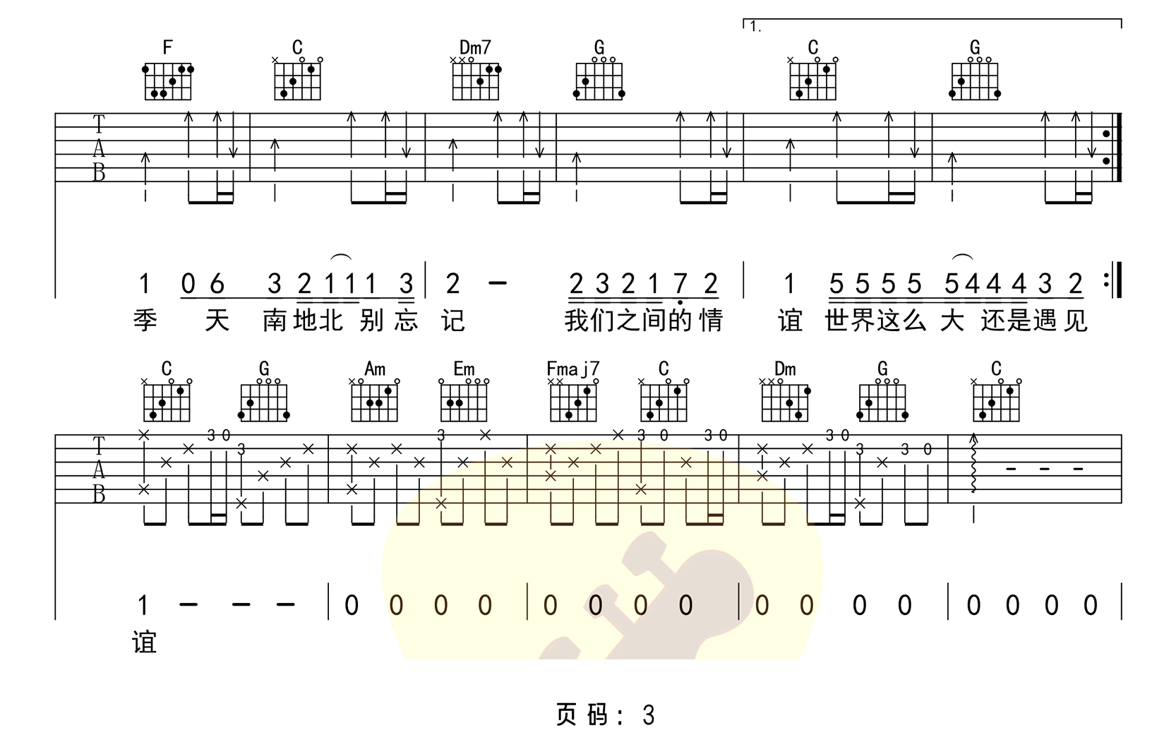 世界这么大还是遇见你吉他谱3-程响-C调指法